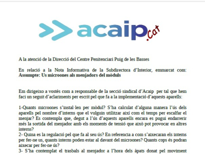 Escrito a la Direcció del Centre Penitenciari Puig de les Basses