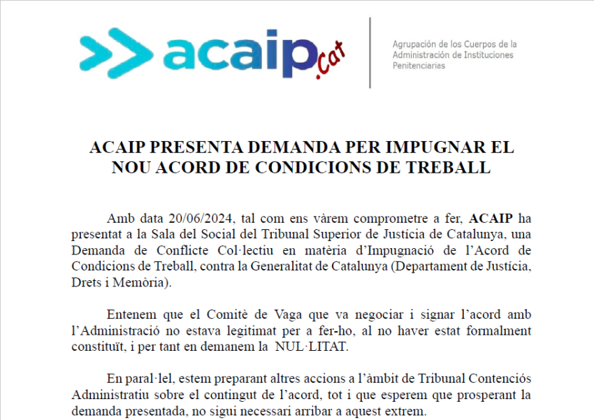 ACAIP PRESENTA DEMANDA PER IMPUGNAR EL  NOU ACORD DE CONDICIONS DE TREBALL